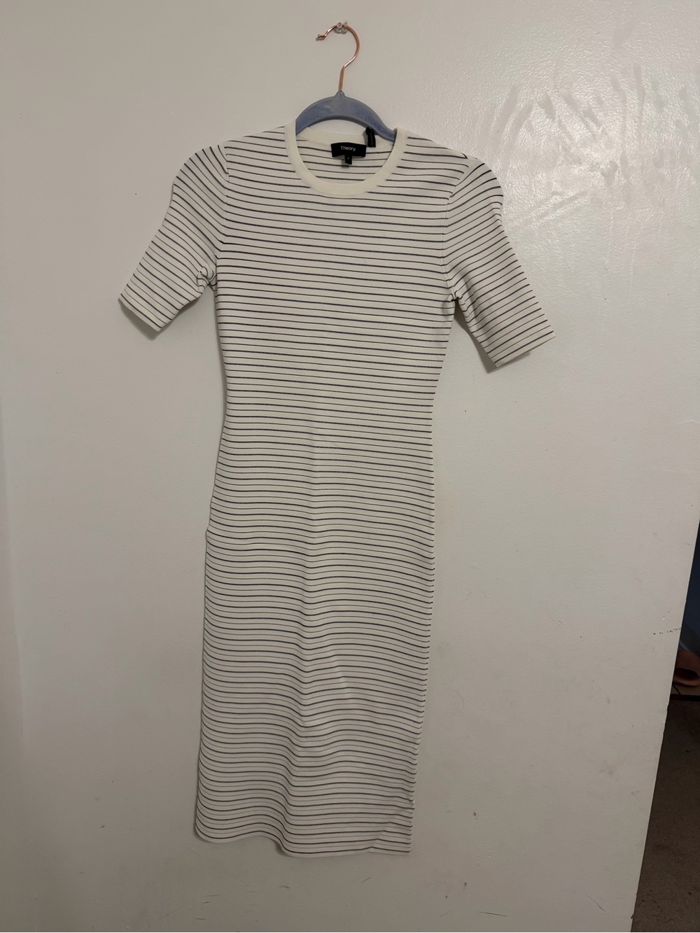 Theory Ivory and Black Striped Short-Sleeve Midi Dress